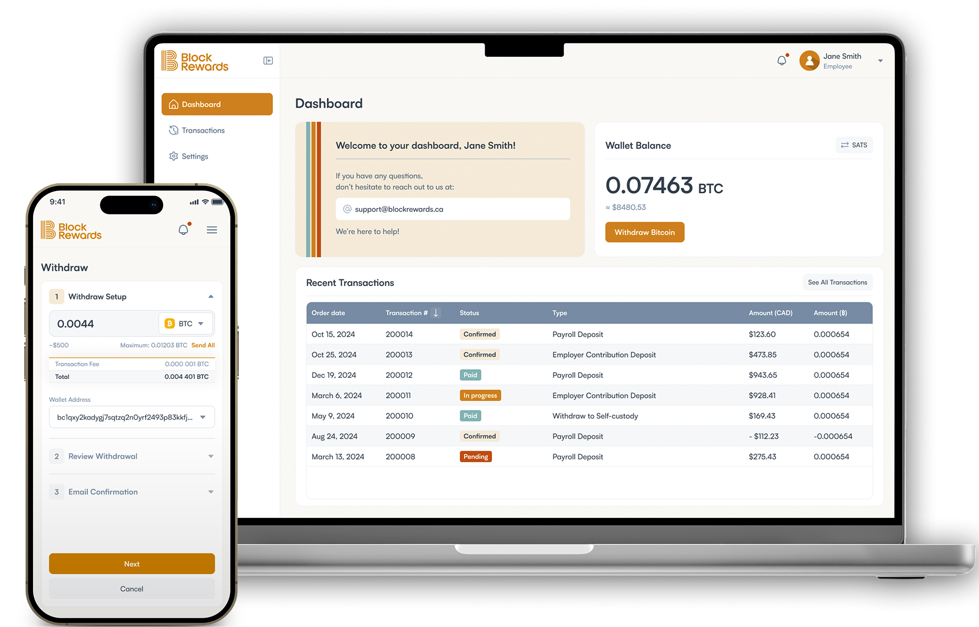 Block Rewards dashboard — employee wallet and payroll transaction view on desktop and mobile